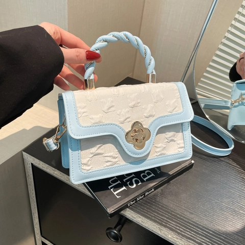 Women Crossbody Bag PU Leather Embossed Fabric Small Square Handbag Twisted Woven Handle Golden Flower Lock Design