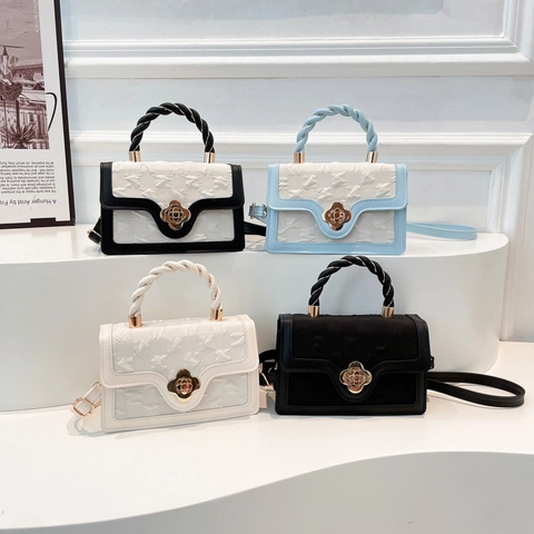 Women Crossbody Bag PU Leather Embossed Fabric Small Square Handbag Twisted Woven Handle Golden Flower Lock Design