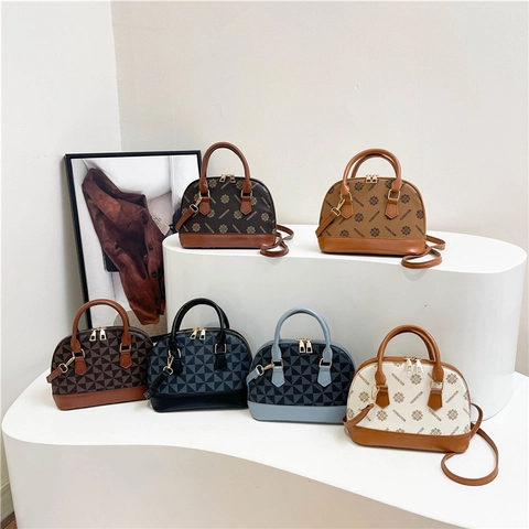 Mode Damen Muschel Umhängetasche Retro PU Leder Geometrisches Dreieck Muster Monogramm Handtasche Abnehmbarer Verstellbarer Gurt Stilvolle Pendler Geldbörse