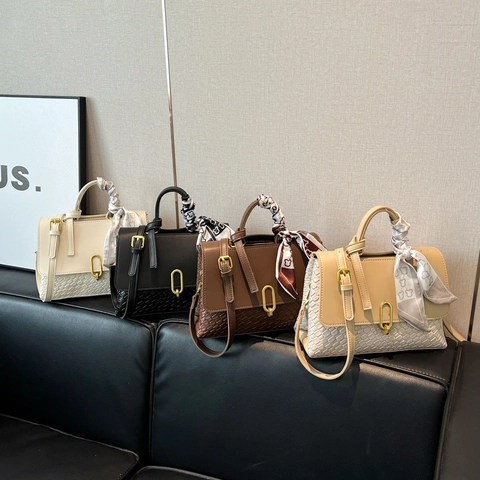 Women Fashion Woven Texture PU Leather Handbag Gold Metal Lock Crossbody Bag Small Square Bag With Printed Decorative Scarf