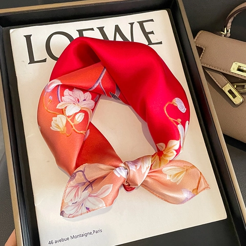 Mulberry Satin Square Scarf Floral Bird Print Gradient Red Elegant Neck Bandana Handkerchief For Women