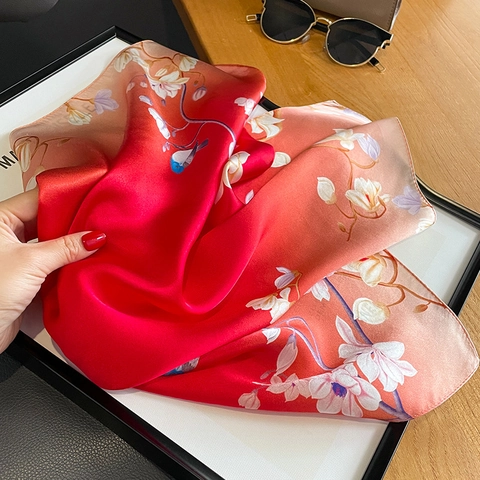 Mulberry Satin Square Scarf Floral Bird Print Gradient Red Elegant Neck Bandana Handkerchief For Women