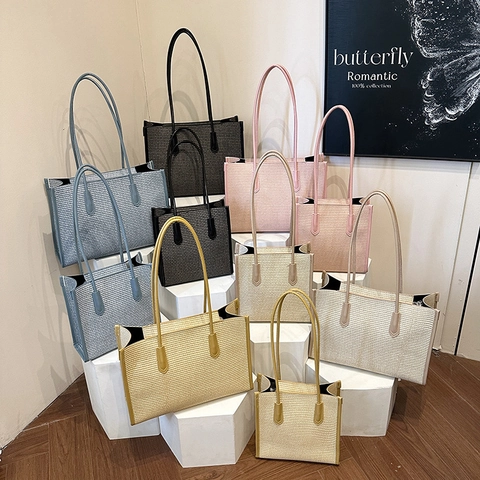 Women Woven Texture Tote Bag PU Leather Trim Shoulder Bag And Matching Pouch Fashion Casual Travel Large Capacity Handbag