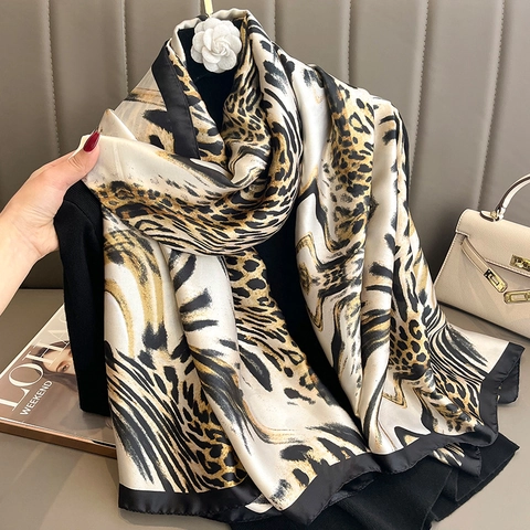 Leopard Print Imitation Satin Scarf Large Satin Elegant Shawl For Women Animal Pattern Sunscreen Beach Wrap