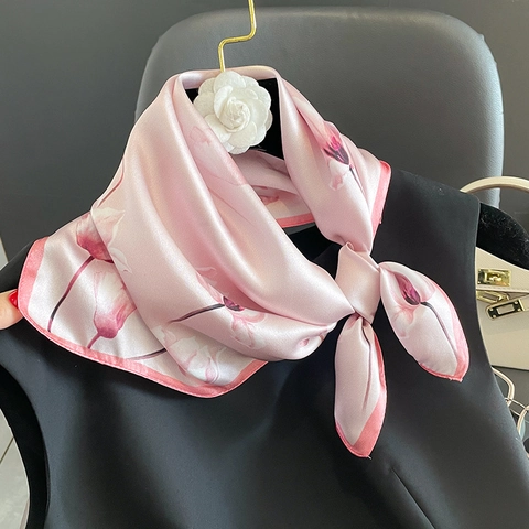 Women Mulberry Satin Square Scarf Tulip Floral Print Satin Neckerchief Elegant Hair Accessory Headband Wrap