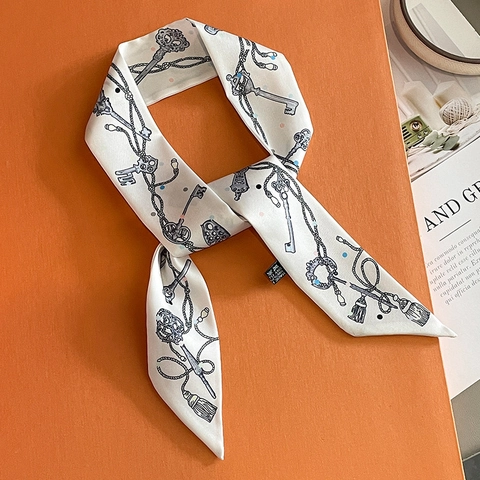 Skinny Scarf Twilly Polyester Vintage Key Chain Print Versatile Bag Handle Wrap Headband Elegant Neck Scarf For Women
