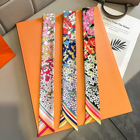 Floral Print Satin Twilly Scarf Versatile Silk Feel Hair Band Bag Wrap Ribbon Elegant Neck Scarf For Women Wrist Wrap Headband Decorative Scarf