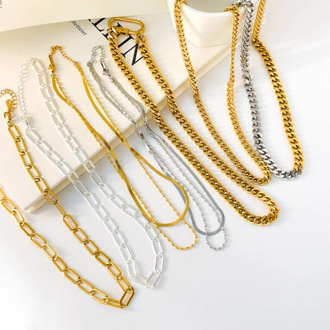 Titanium Steel Double Layer Necklace With Snake Bone Chain And Bead Chain Carabiner Clasp Punk Style For Women
