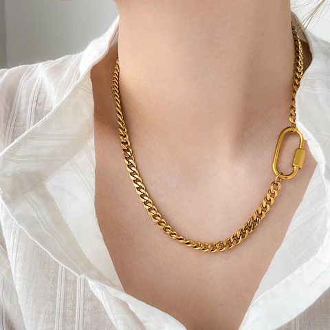 Titanium Steel Double Layer Necklace With Snake Bone Chain And Bead Chain Carabiner Clasp Punk Style For Women