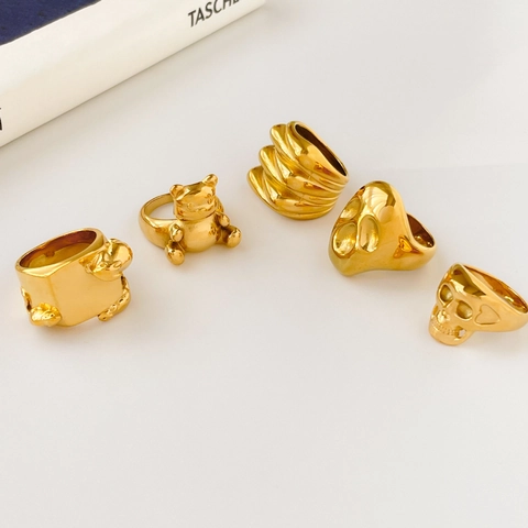 Titanium Steel 18K Gold Plated Punk Skull Bear Animal Geometric Chunky Ring For Women Vintage Mirror Polished Street Jewelry
