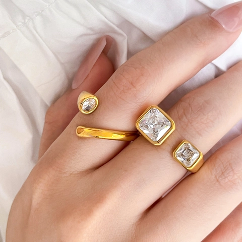 Geometrische Verstelbare Open Ring Zirkonia 18K Verguld Roestvrij Staal Slang Waterdruppel Vierkant Vorm Sieraden Dames