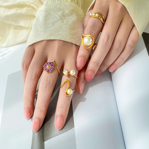 Titanium Steel Open Ring For Women Adjustable Artificial Pearl Zirconia Enamel Flower Geometric Minimalist Design