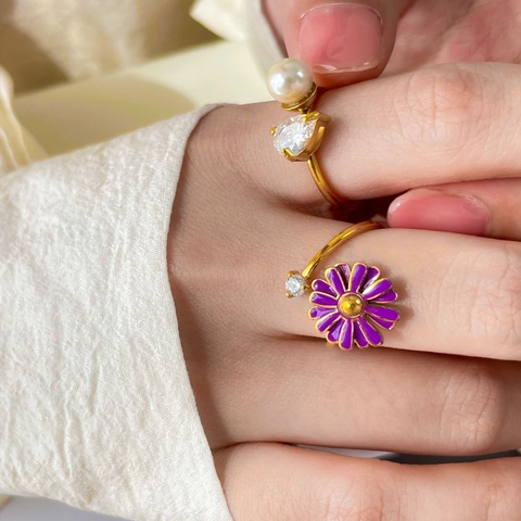 Titanium Steel Open Ring For Women Adjustable Artificial Pearl Zirconia Enamel Flower Geometric Minimalist Design