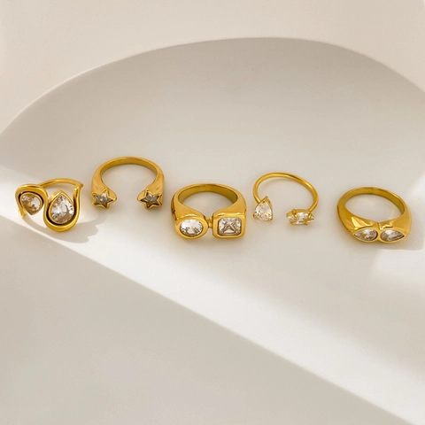 Zirkon Geometrische Ringe Titanstahl 18K Vergoldet Offen Verstellbar Wassertropfen Stern Auge Design Damenschmuck