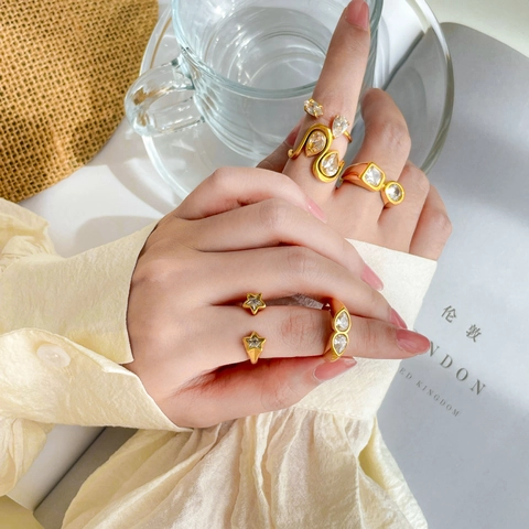 Zirkon Geometrische Ringe Titanstahl 18K Vergoldet Offen Verstellbar Wassertropfen Stern Auge Design Damenschmuck