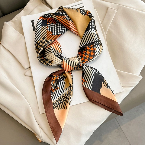 Elegant Houndstooth And Maple Leaf Print Square Scarf Imitation Satin Polyester Satin Neck Wrap Hair Band For Women