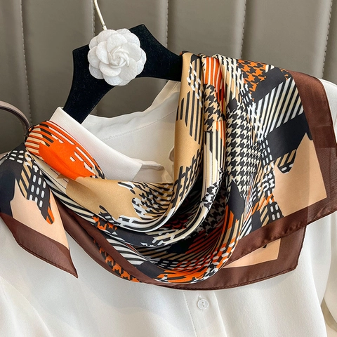 Elegant Houndstooth And Maple Leaf Print Square Scarf Imitation Satin Polyester Satin Neck Wrap Hair Band For Women