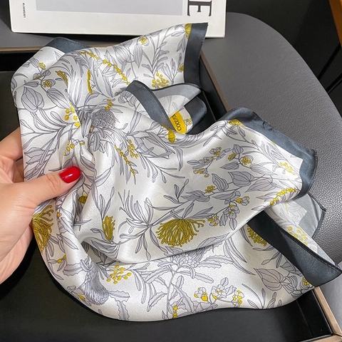 Mulberry Satin Square Scarf Floral Print Elegant Contrast Border Neckerchief Fashion Head Neck Scarf For Women