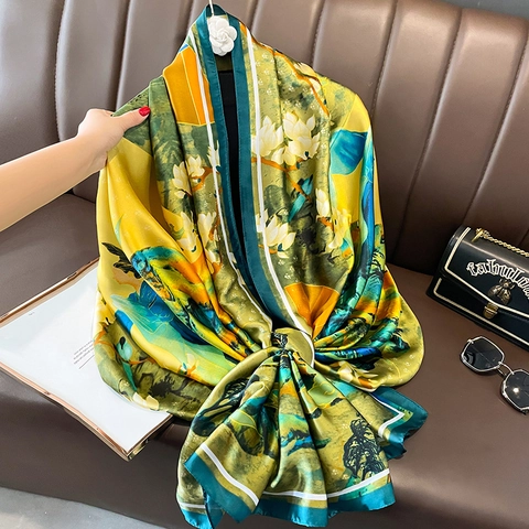 Lange Satijnen Sjaal Voor Dames Chinese Stijl Landschap Print Satijngevoel Sjaal Lichtgewicht Zonbescherming Elegant