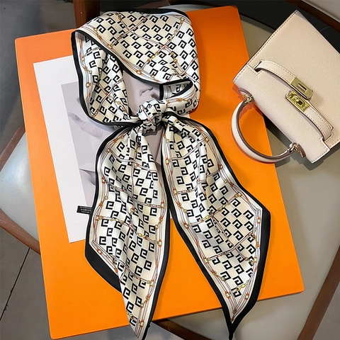 Bufanda De Satén De Satén Larga Y Estrecha Con Estampado Geométrico De Cadena Pañuelo Para Mujer Accesorio De Moda Retro