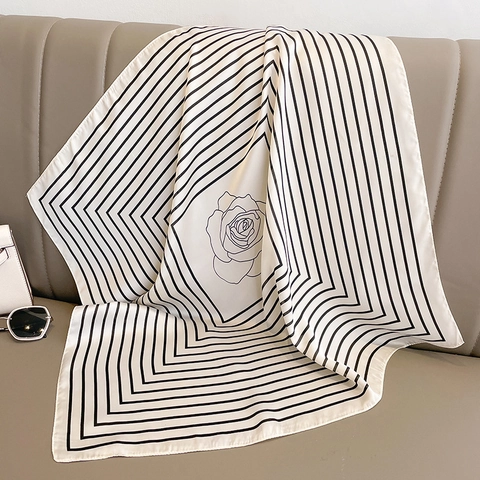 Foulard Quadrato Raso Artificiale Raso Righe Motivo Fiore Camelia Elegante Sciarpa Collo Fascia Capelli Accessorio Donna