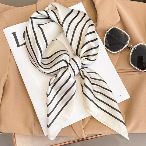 Foulard Quadrato Raso Artificiale Raso Righe Motivo Fiore Camelia Elegante Sciarpa Collo Fascia Capelli Accessorio Donna