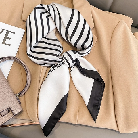 French Elegant Square Scarf Satin Polyester Striped Chain Print Geometric Pattern Lightweight Neck Wrap Headband For Women