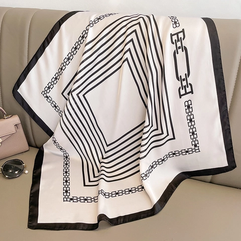 French Elegant Square Scarf Satin Polyester Striped Chain Print Geometric Pattern Lightweight Neck Wrap Headband For Women