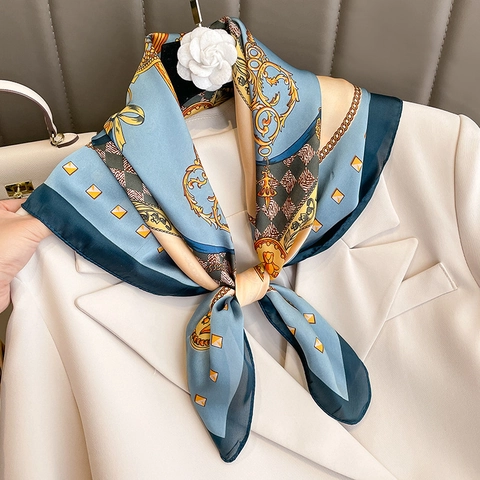 Women French Vintage Satin Square Scarf Baroque Chain Print Equestrian Motif Decorative Silk Like Neck Scarf Bandana Wrap Shawl