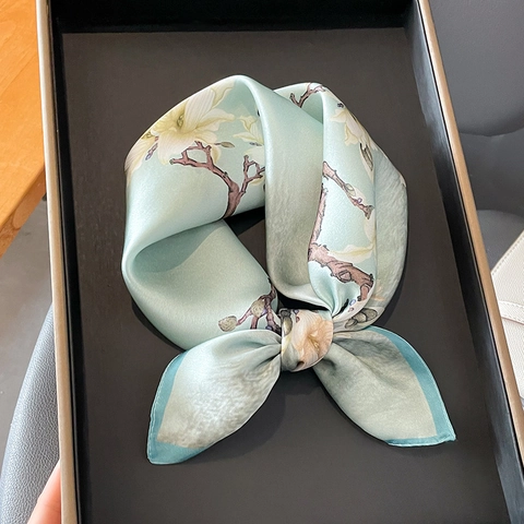 Moerbeizijde Vierkante Sjaal Voor Dames Muntgroen Magnolia Bloem Print Halssjaal Elegante Kleine Omslagdoek Mode Cadeau