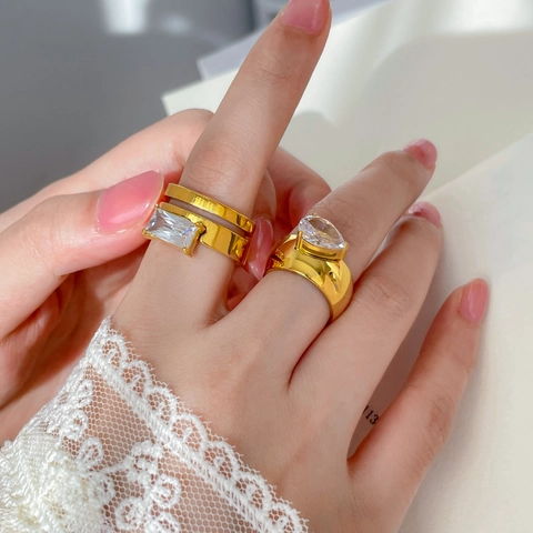 Bague En Acier Inoxydable Plaqué Or 18K Pour Femme Zircone Cubique Goutte Carrée Marquise Bijoux