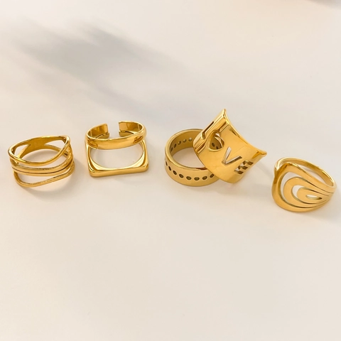 Fashion 18K Gold Plated Stainless Steel Rings For Women Hollow LOVE Heart Geometric Layered Open Band Rings Jewelry