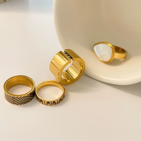 Vergoldete Titanstahlringe Mit Wassertropfenmuschel Und Schwarzem Emaillemuster Für Damen Retro Schmuck