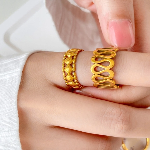 Geometric Hollow Out Rings 18K Gold Plated Stainless Steel For Women Chic Jewelry Minimalist Vintage Style Finger Jewelry