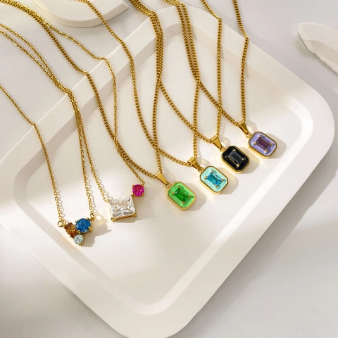 Vintage Rectangular Colorful Cubic Zirconia Pendant Necklace 18K Gold Plated Stainless Steel For Women French Luxury