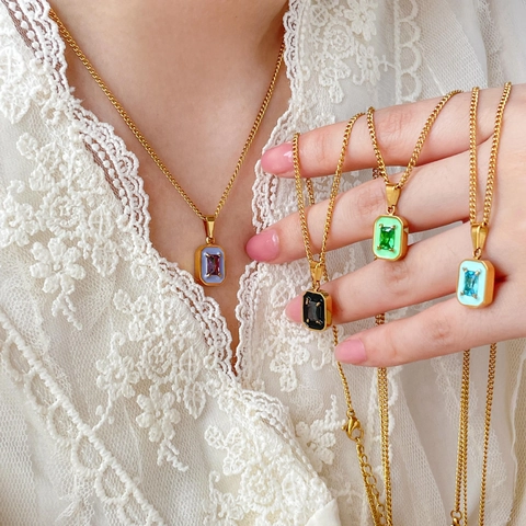 Vintage Rectangular Colorful Cubic Zirconia Pendant Necklace 18K Gold Plated Stainless Steel For Women French Luxury