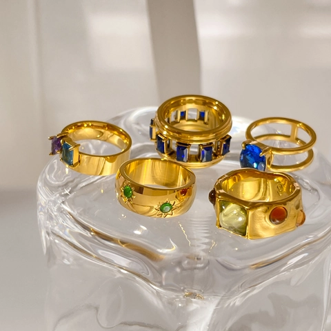 Zirkoon Ringen Titanium Staal 18K Verguld Geometrisch Ovaal Ster Kleurrijk Vintage Vinger Sieraden Voor Dames