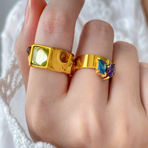 Zirkoon Ringen Titanium Staal 18K Verguld Geometrisch Ovaal Ster Kleurrijk Vintage Vinger Sieraden Voor Dames