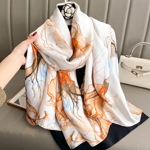 Large Faux Satin Scarf Shawl Abstract Ink Painting Pattern Sun Protection Beach Wrap For Women Elegant Soft