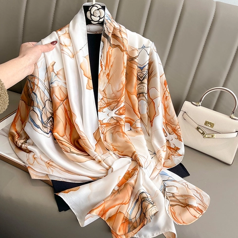 Large Faux Satin Scarf Shawl Abstract Ink Painting Pattern Sun Protection Beach Wrap For Women Elegant Soft