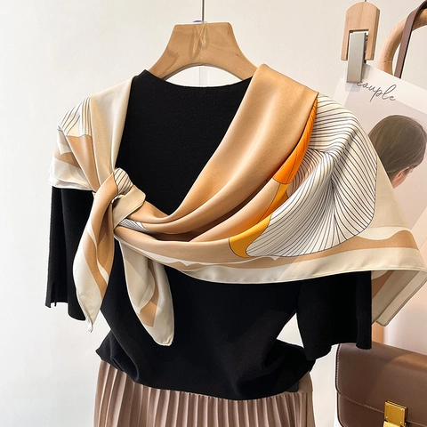 Women Fashion Square Scarf Satin Print Abstract Floral Geometric Elegant Neck Head Wrap Shawl Polyester Accessory