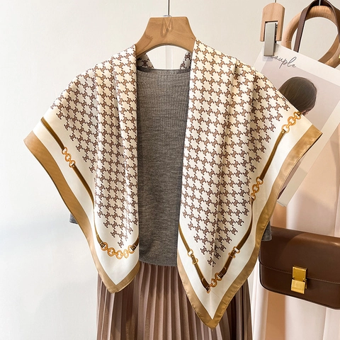 Large Square Scarf Satin Twill Shawl Retro Monogram Print Chain Pattern Border French Elegant Sun Protection For Women