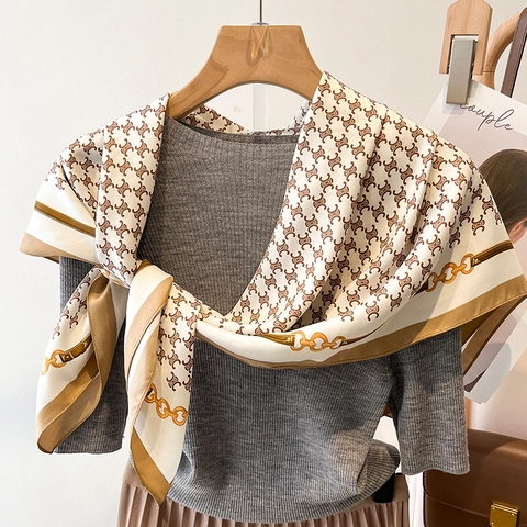 Large Square Scarf Satin Twill Shawl Retro Monogram Print Chain Pattern Border French Elegant Sun Protection For Women