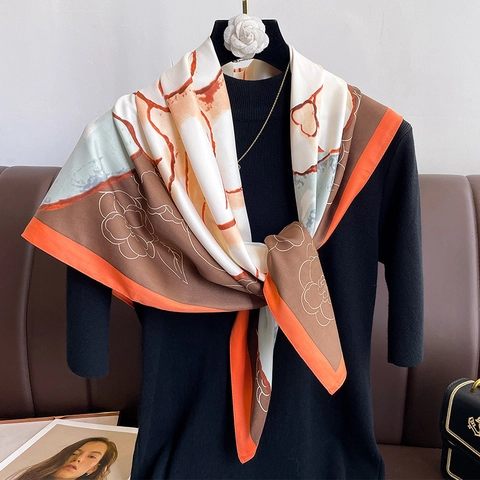 Quadratischer Schal Mit Kamelienblüten Aufdruck Satinnähnlicher Polyester Satin Schal Klassische Elegante Halstuch Für Damen