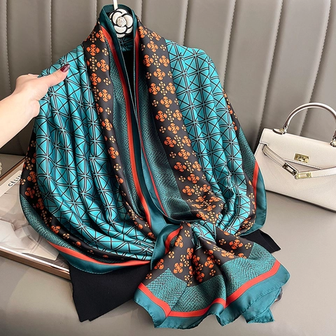 Pañuelo Elegante de Satén Floral Estampado Geométrico Chal Grande Para Protección Solar Viaje Diario Playa Accesorio Moda