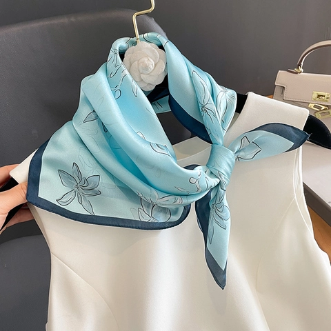 Mulberry Satin Square Scarf Floral Print Elegant Lightweight Decorative Neck Kerchief For Women