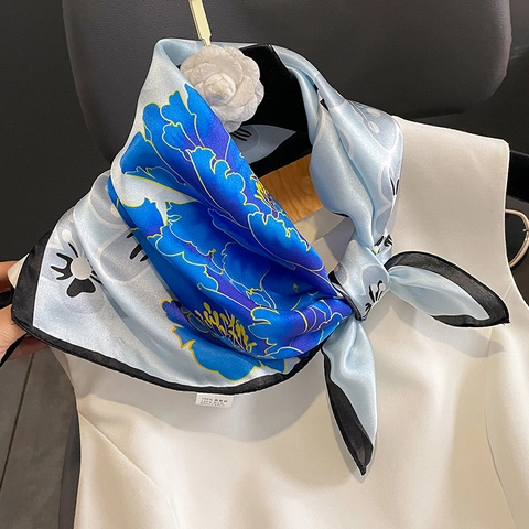 Elegant Square Scarf Pure Mulberry Satin Floral Print Peony Pattern Satin Satin Neckerchief For Women Fashion Accessory