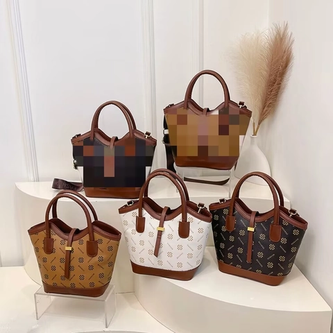 Vintage Monogram Bucket Bag Printed PU Leather Canvas Handbag Large Capacity Wide Strap Crossbody Bag For Women