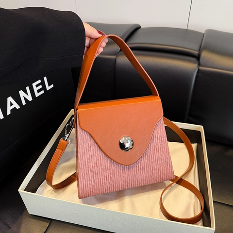 Women Color Block Box Bag PU Leather Pleated Texture Handheld Shoulder Crossbody Bag With Metal Buckle Fashion Handbag