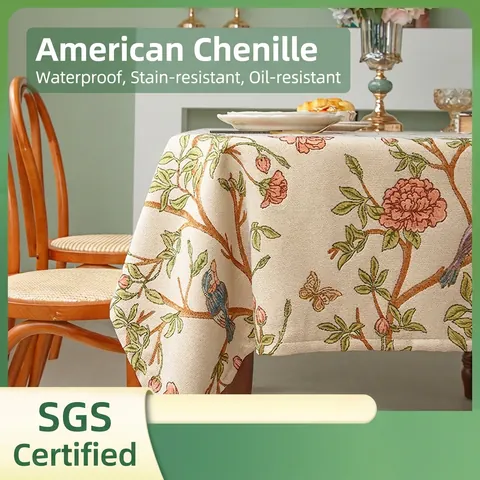 Tovaglia In Ciniglia Vintage Americana Impermeabile Resistente All'olio Spessa Jacquard Motivo Floreale Uccello Copritavolo